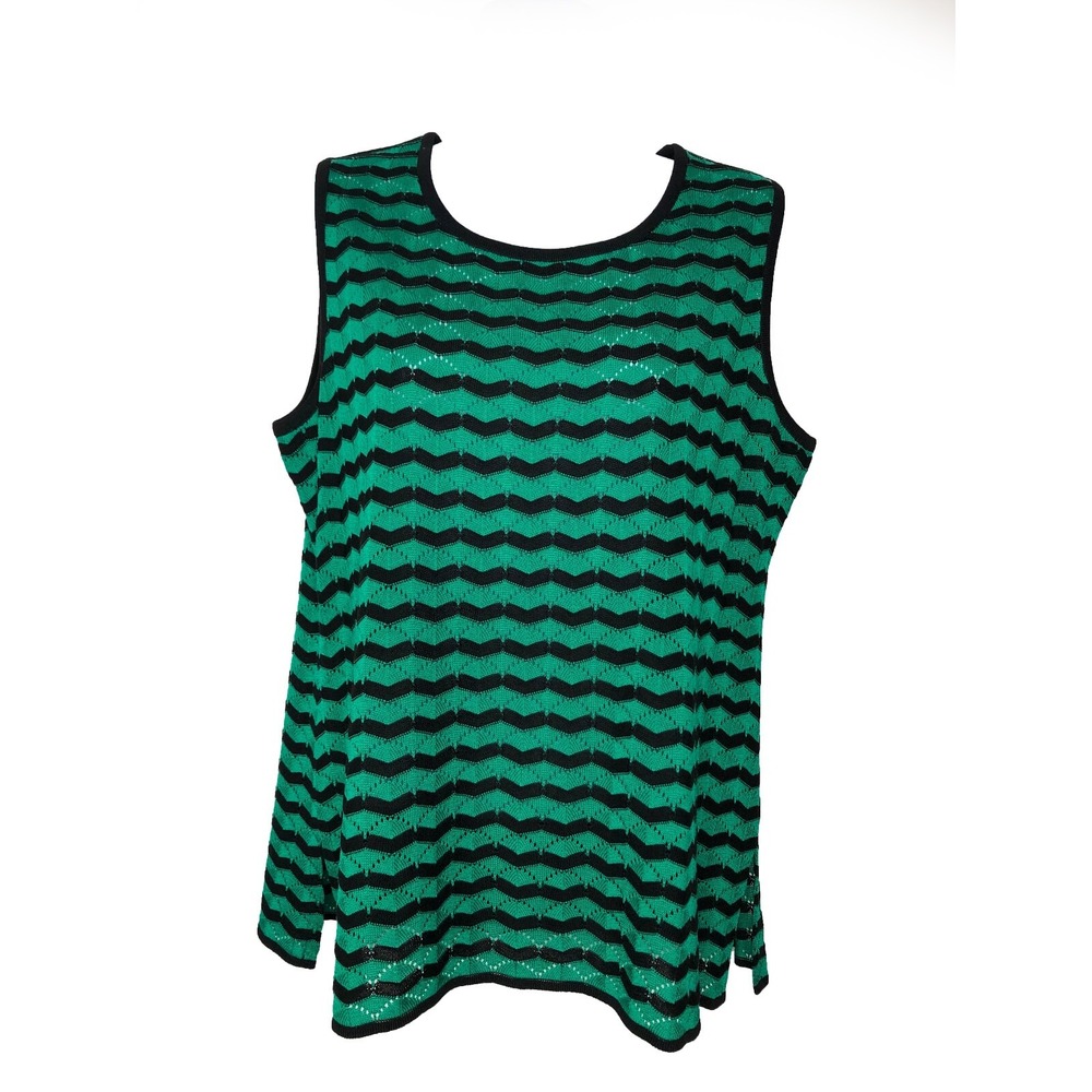 Exclusively Misook Knit Tank Top Medium Green Chevron Pointelle Scoop Neck Shell